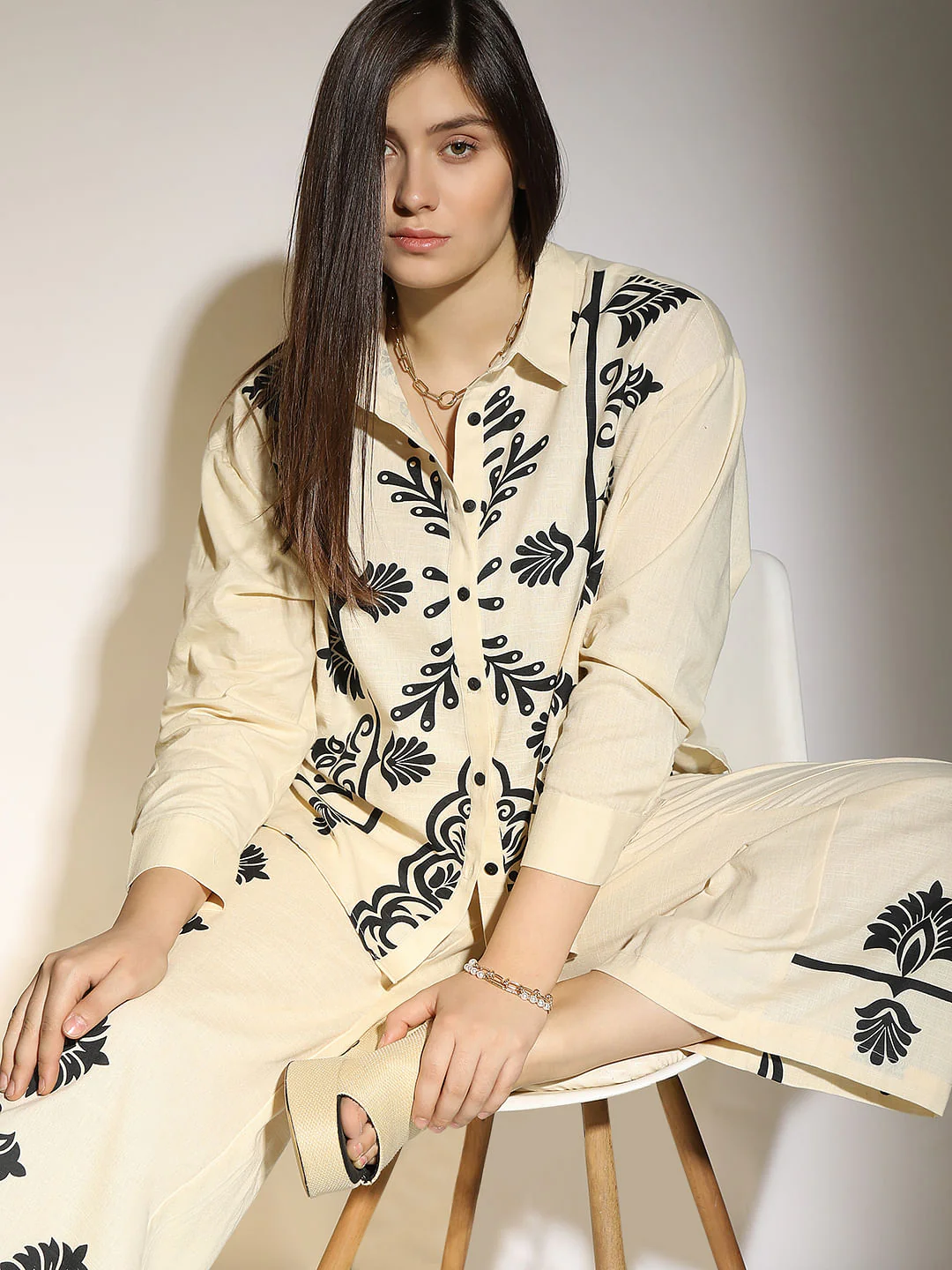 Curve Beige Printed Co-Ord Shirt
