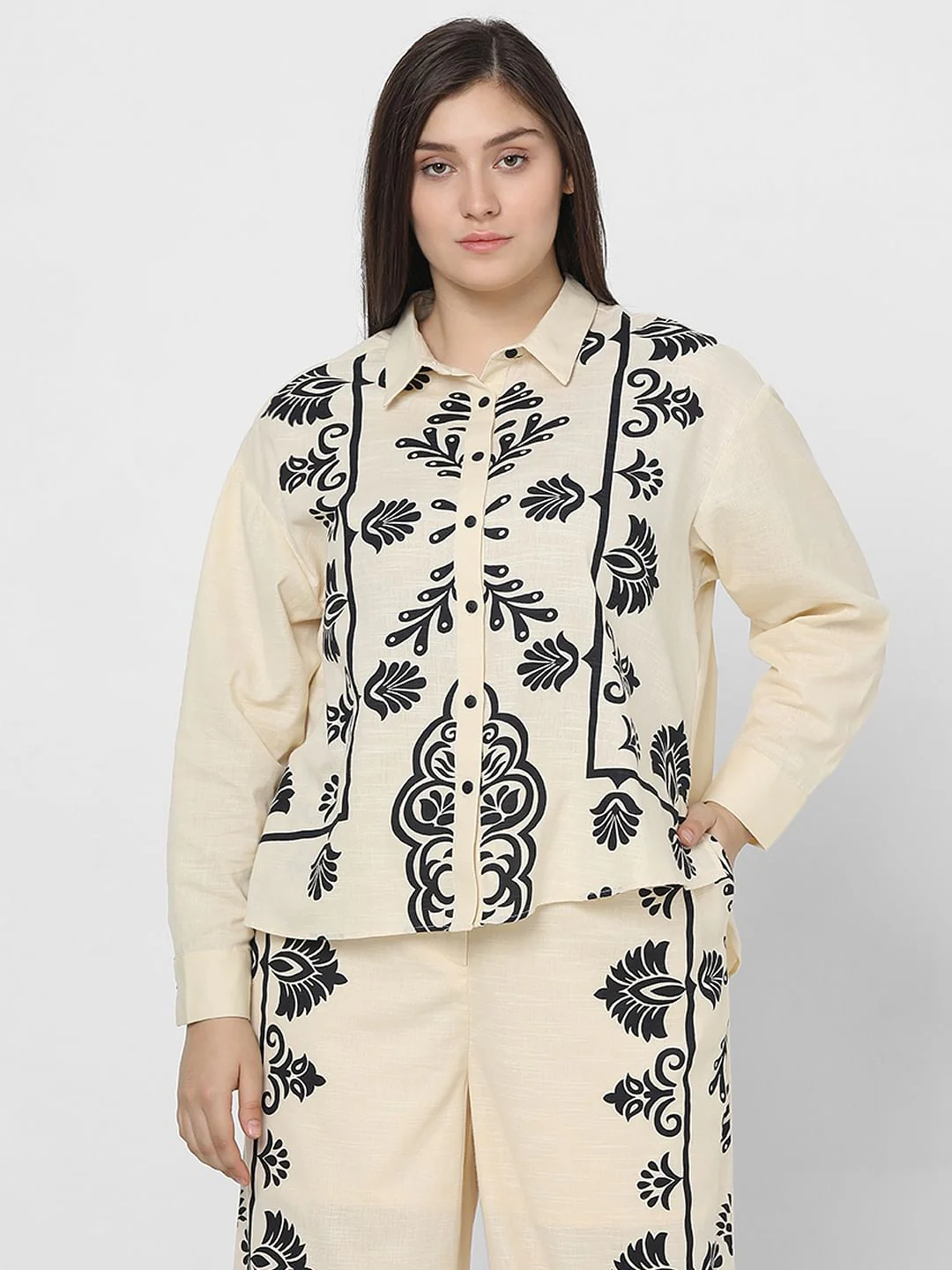 Curve Beige Printed Co-Ord Shirt - Image 2
