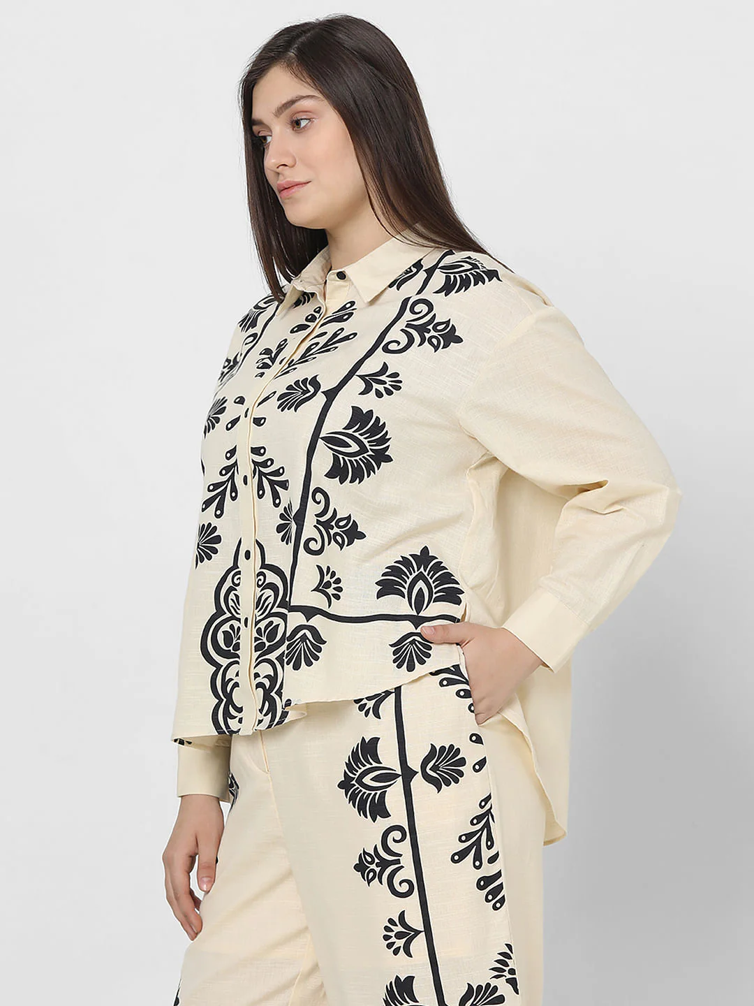 Curve Beige Printed Co-Ord Shirt - Image 3