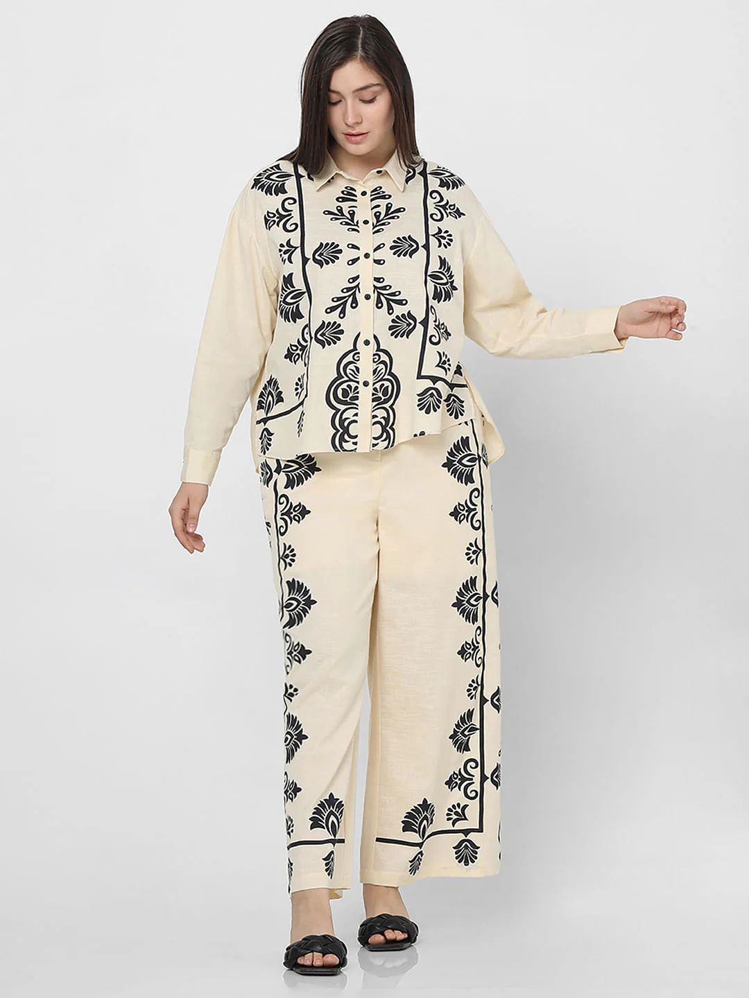 Curve Beige Printed Co-Ord Shirt - Image 5