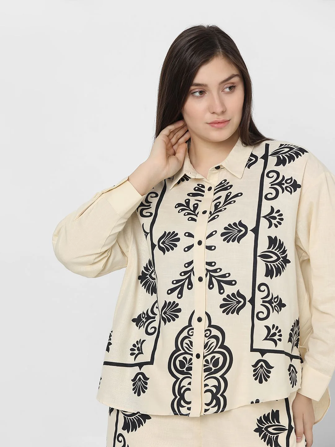 Curve Beige Printed Co-Ord Shirt - Image 8