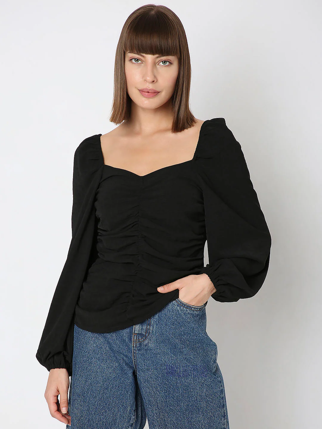 Black Ruched Volume Sleeves Top - Image 2