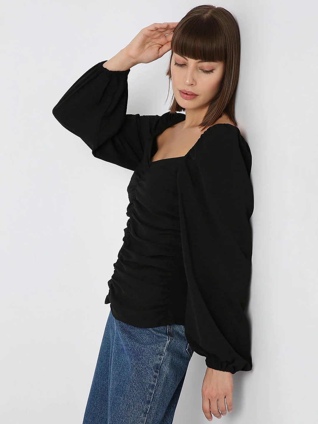 Black Ruched Volume Sleeves Top - Image 3