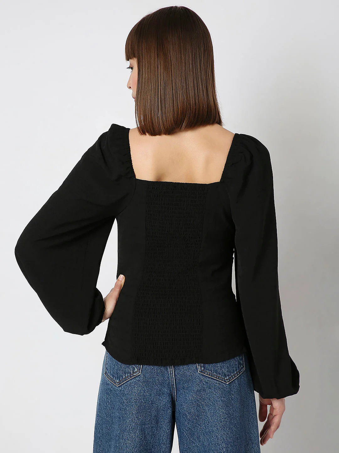 Black Ruched Volume Sleeves Top - Image 4
