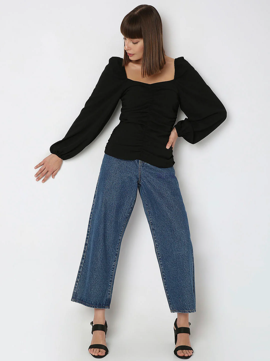 Black Ruched Volume Sleeves Top - Image 5