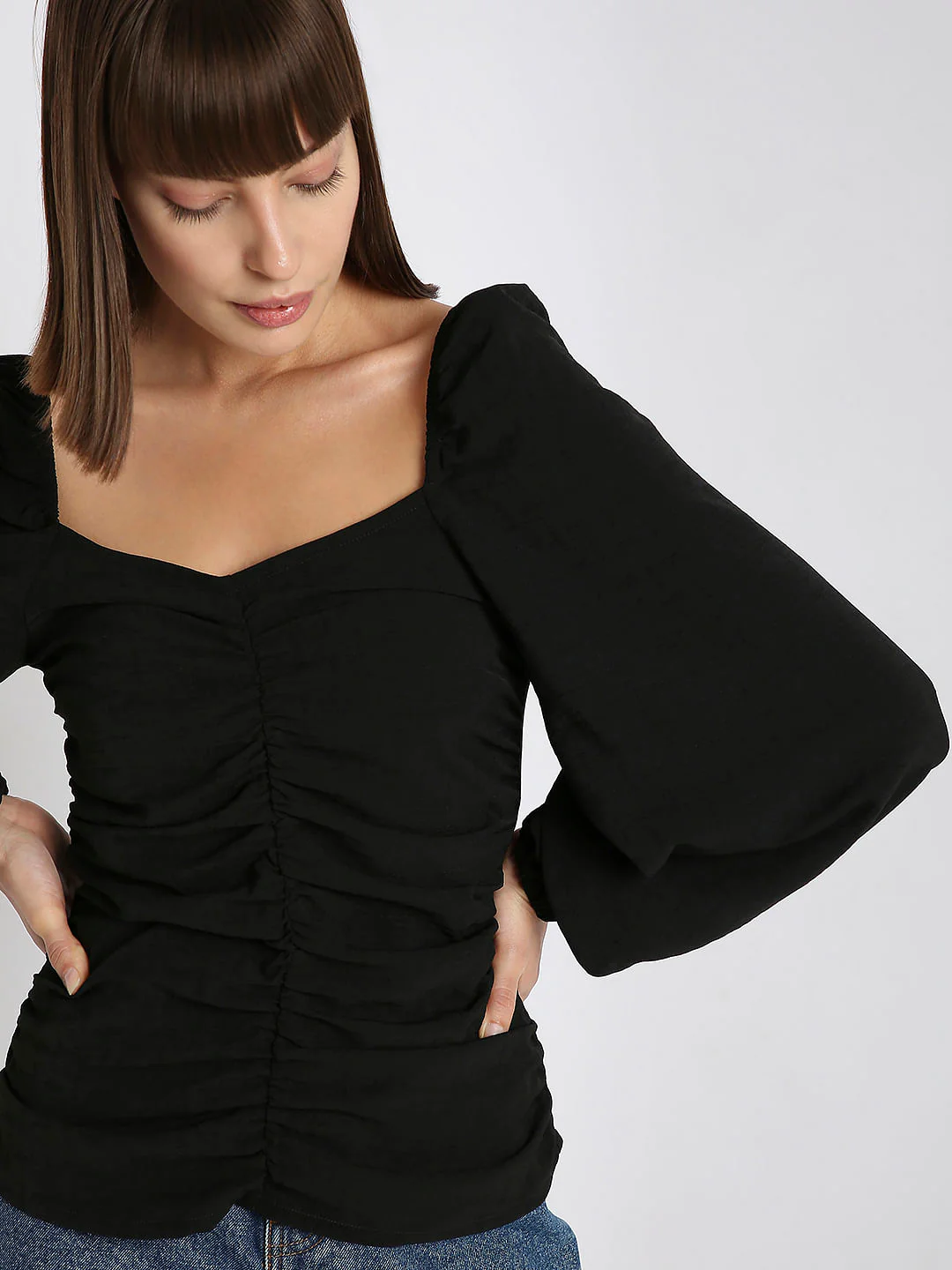 Black Ruched Volume Sleeves Top - Image 6