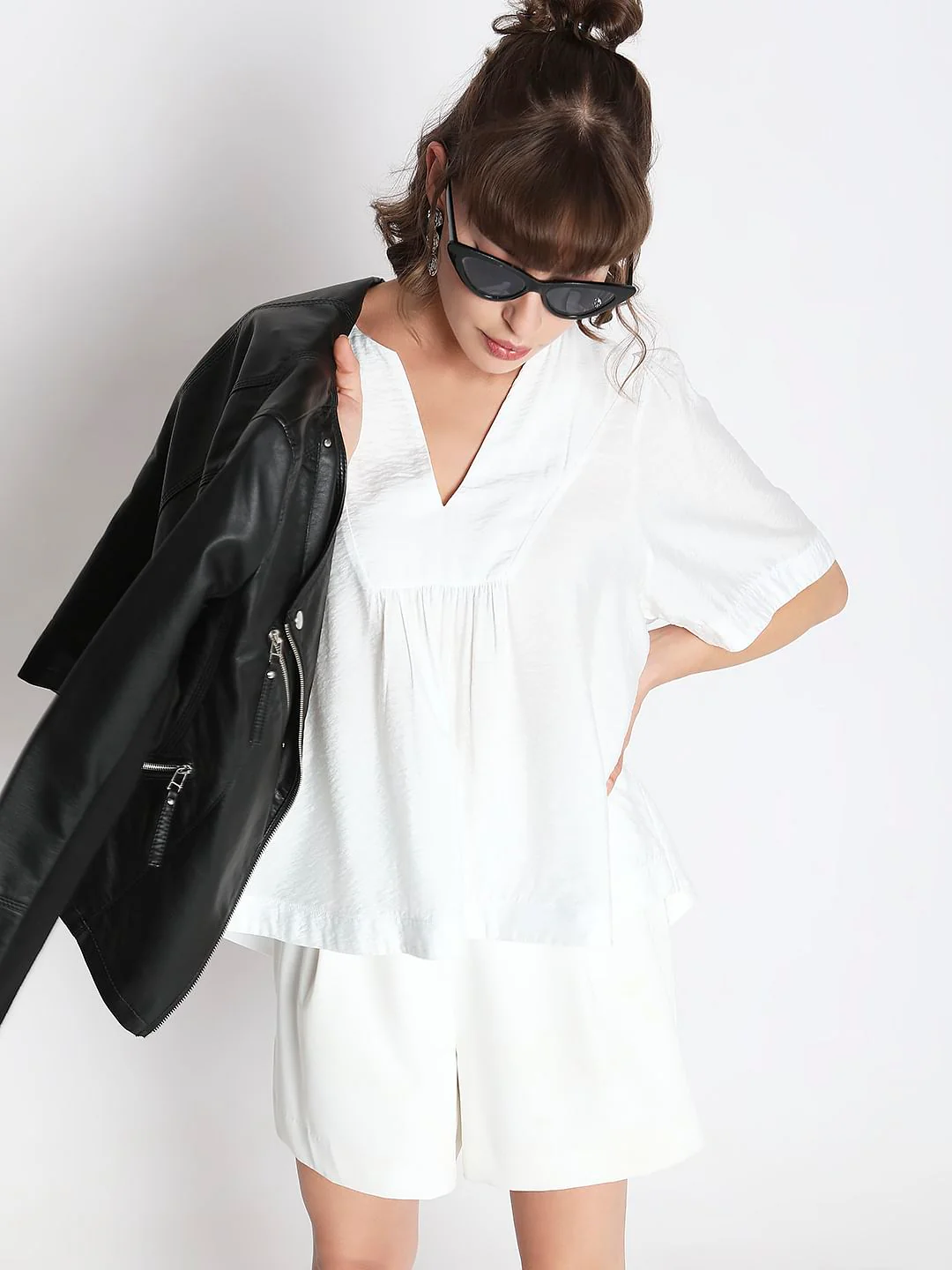 White V-Neck Flared Top