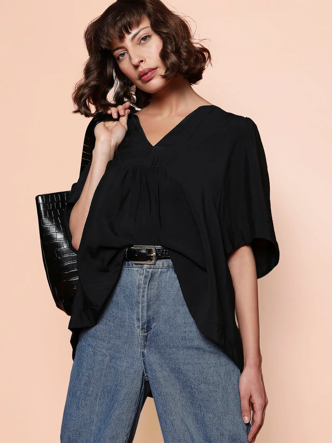 Black V-Neck Flared Top