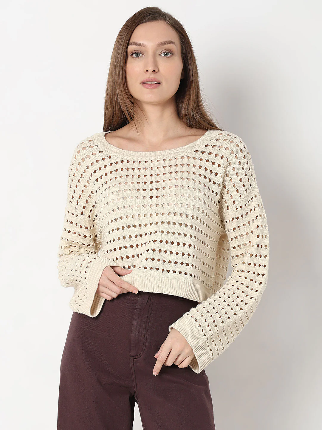 Ecru Knit Flared Sleeves Top - Image 2