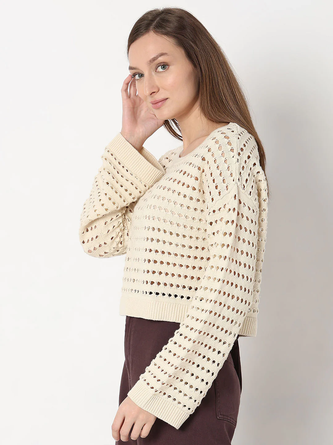 Ecru Knit Flared Sleeves Top - Image 3