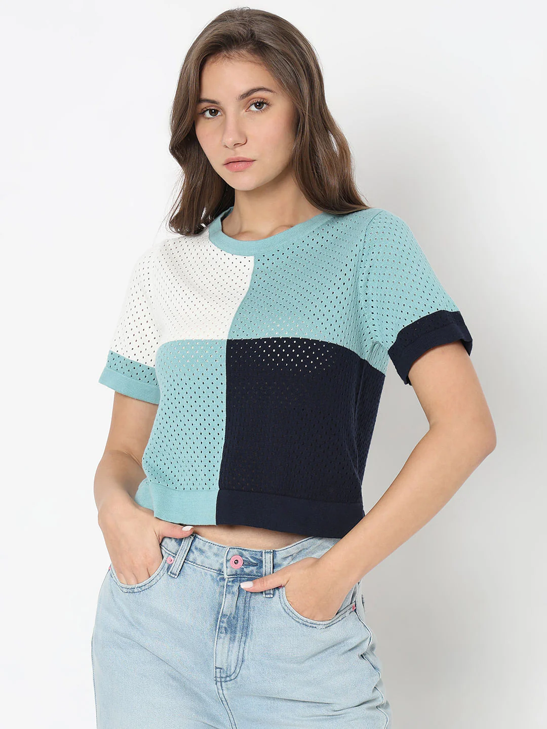 Blue Colourblocked Knit Top - Image 2