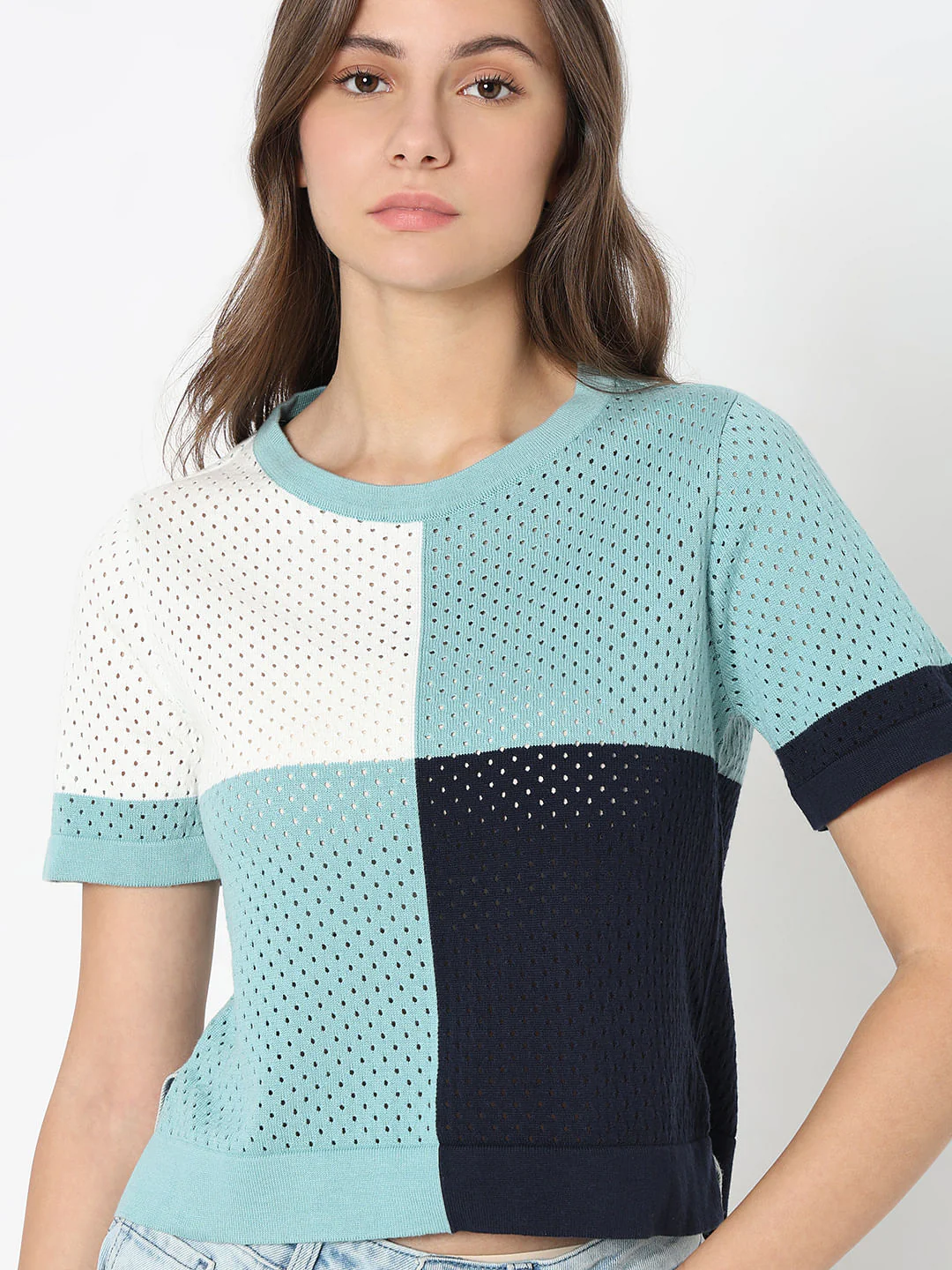 Blue Colourblocked Knit Top - Image 6
