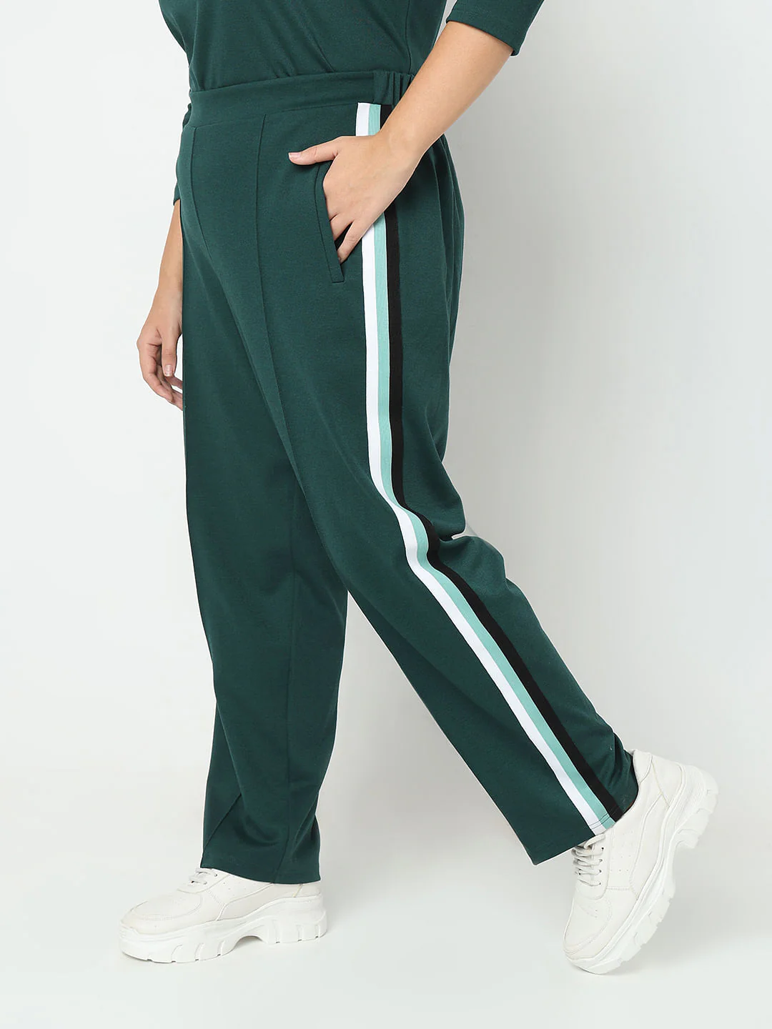 Curve Green High Rise Striped Co-Ord Set Sweatpants - Image 3