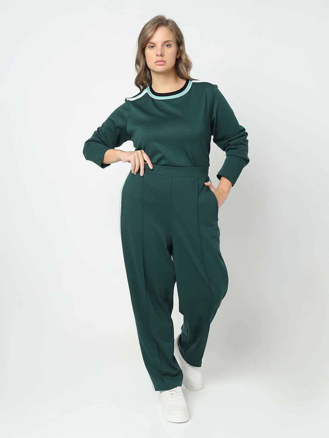 Curve Green High Rise Striped Co-Ord Set Sweatpants - Image 5
