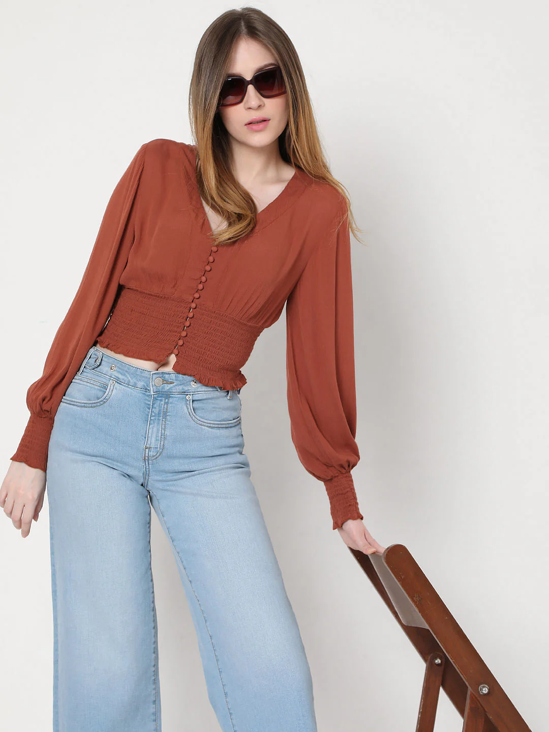 Brown Smocked Crop Top