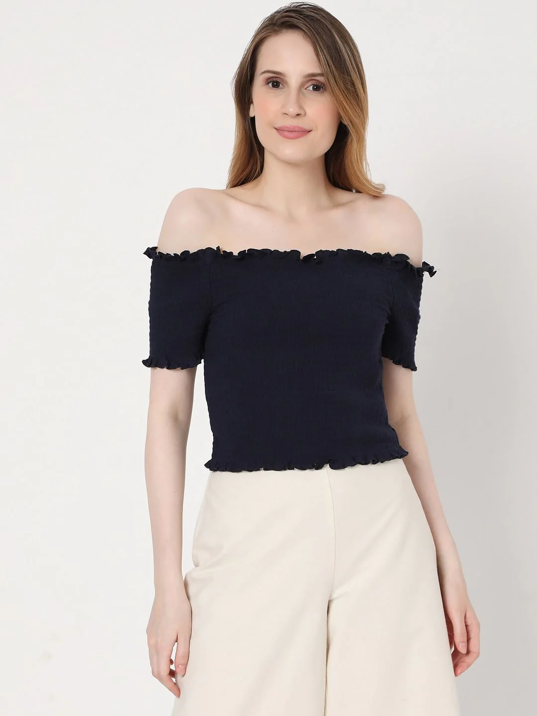 Blue Off Shoulder Smocked Co-Ord Set Top - Image 2