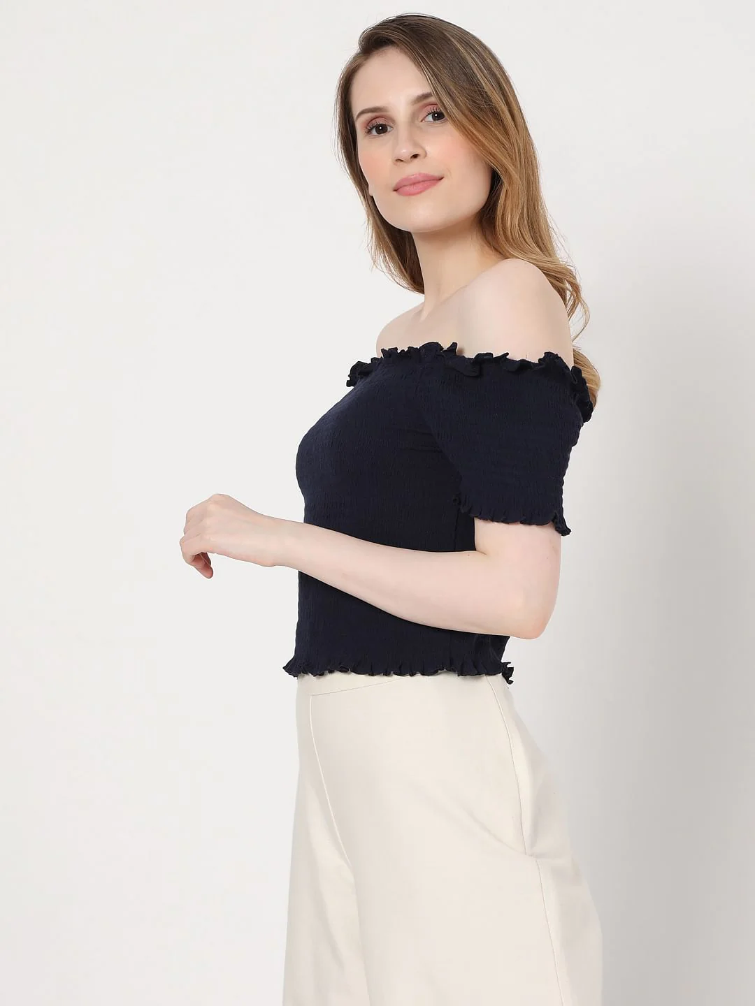 Blue Off Shoulder Smocked Co-Ord Set Top - Image 3