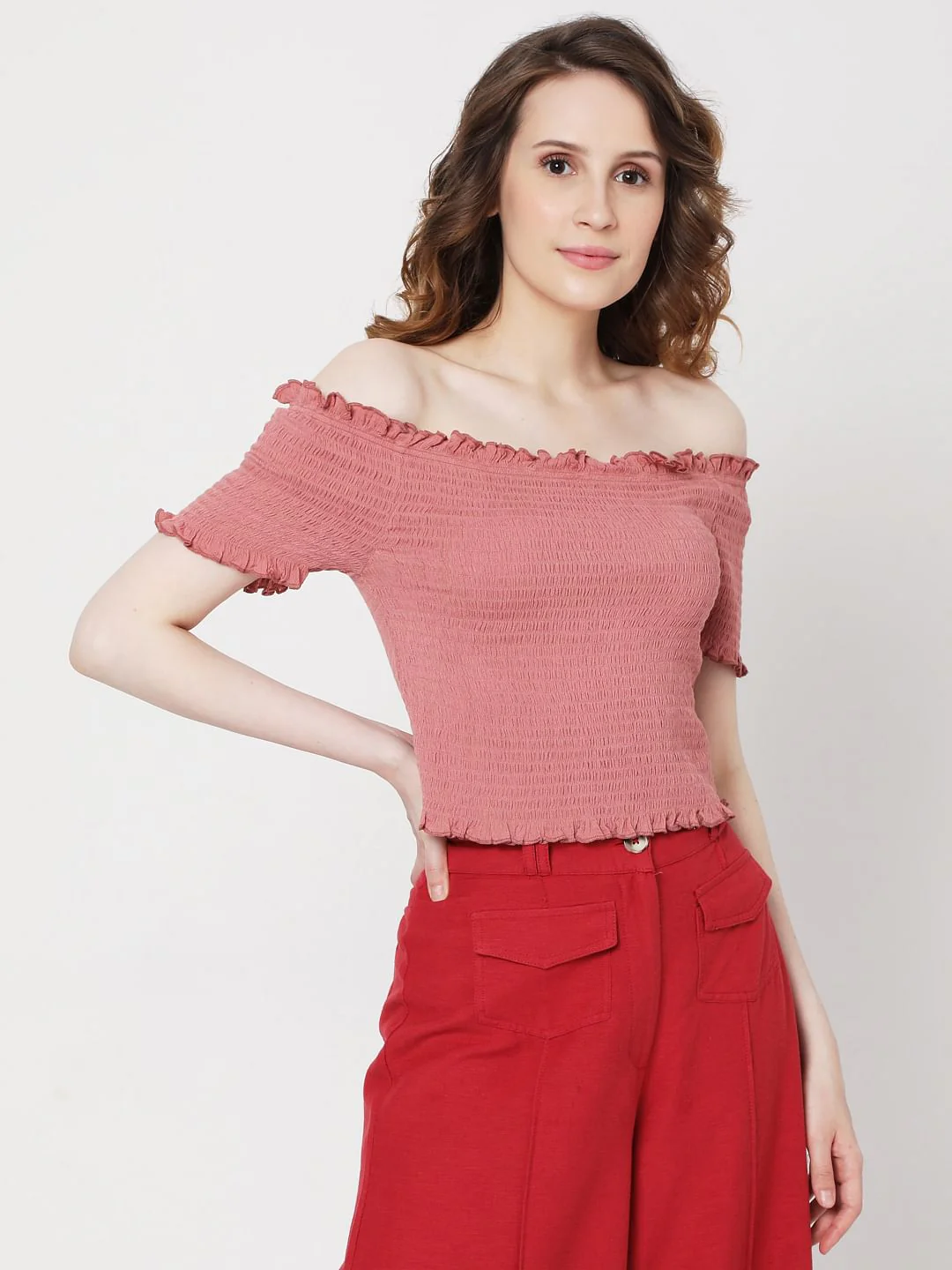 Pink Off Shoulder Smocked Co-Ord Set Top - Image 2