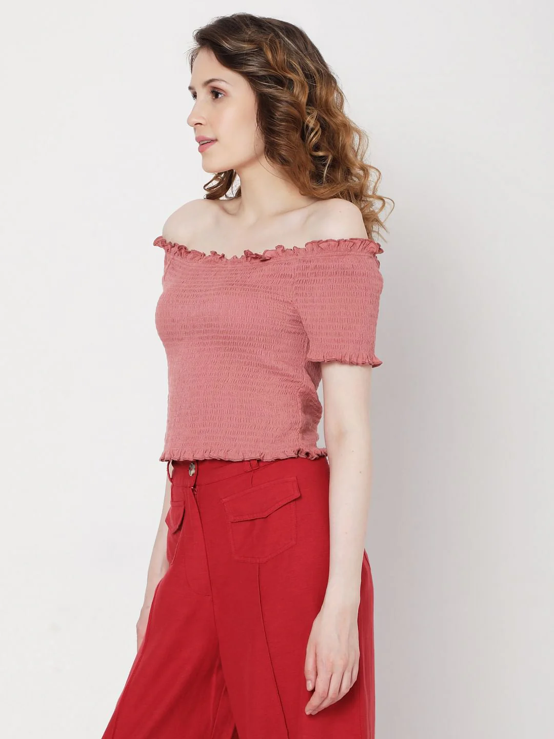 Pink Off Shoulder Smocked Co-Ord Set Top - Image 3