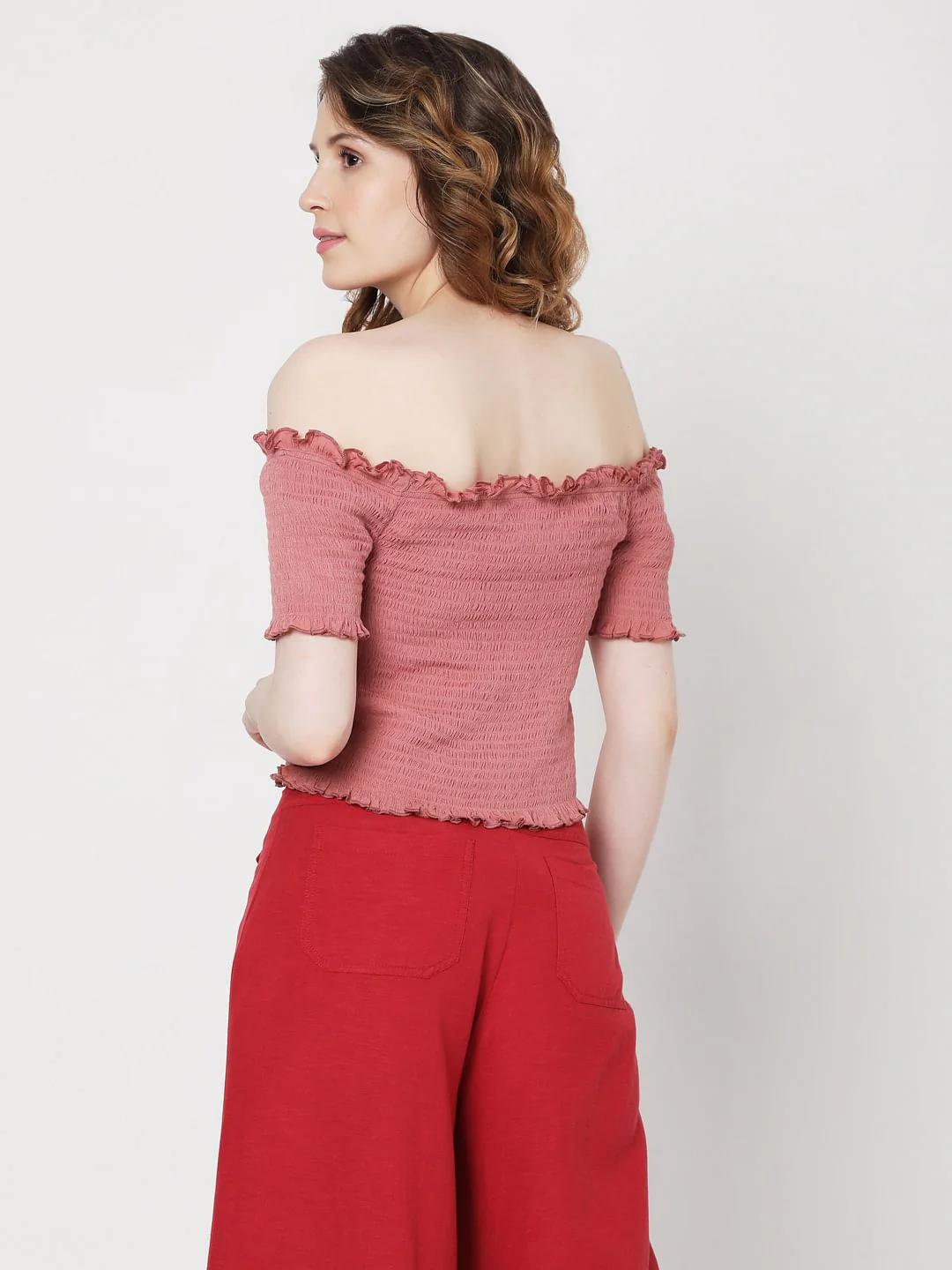 Pink Off Shoulder Smocked Co-Ord Set Top - Image 4