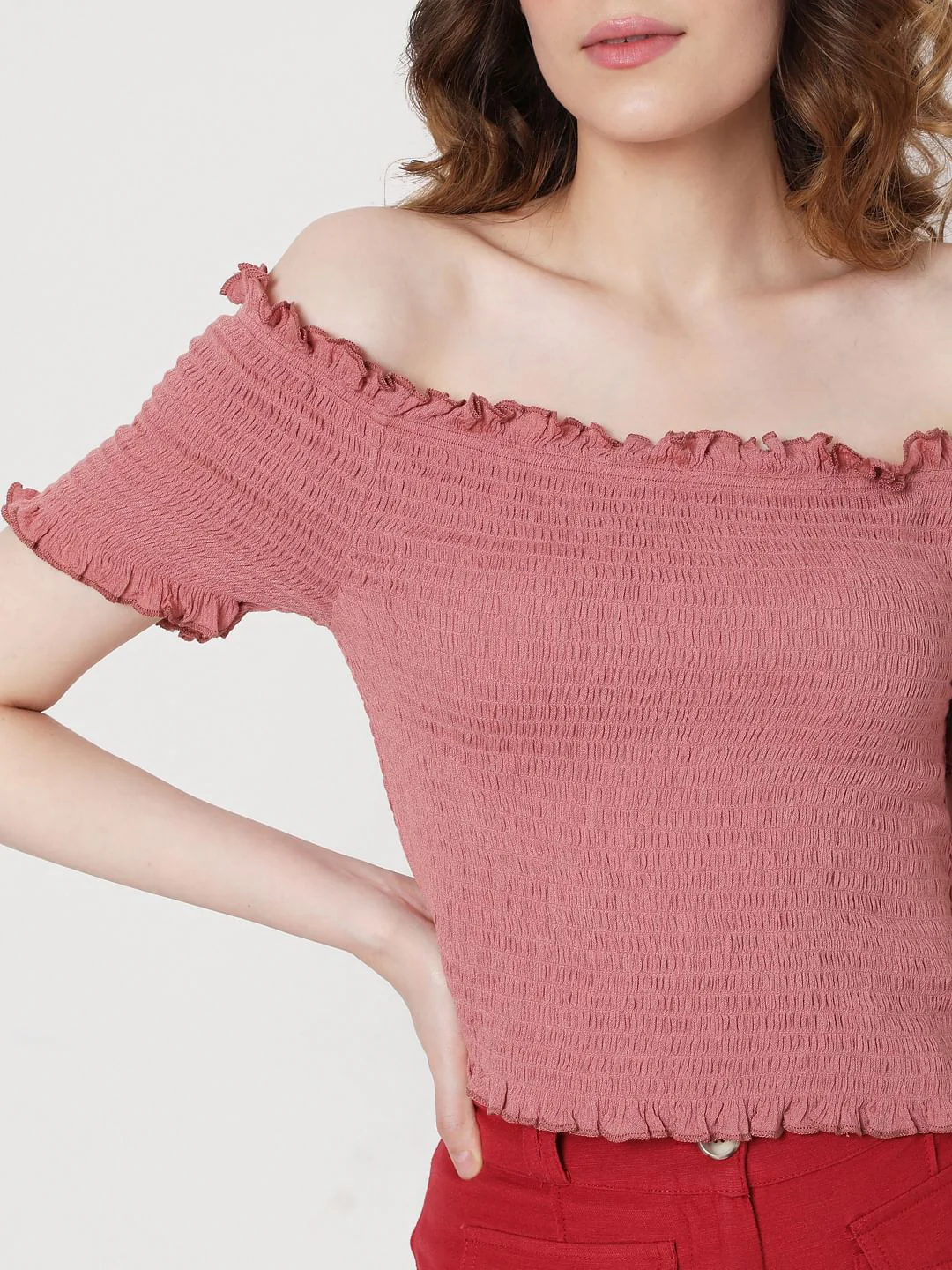 Pink Off Shoulder Smocked Co-Ord Set Top - Image 6