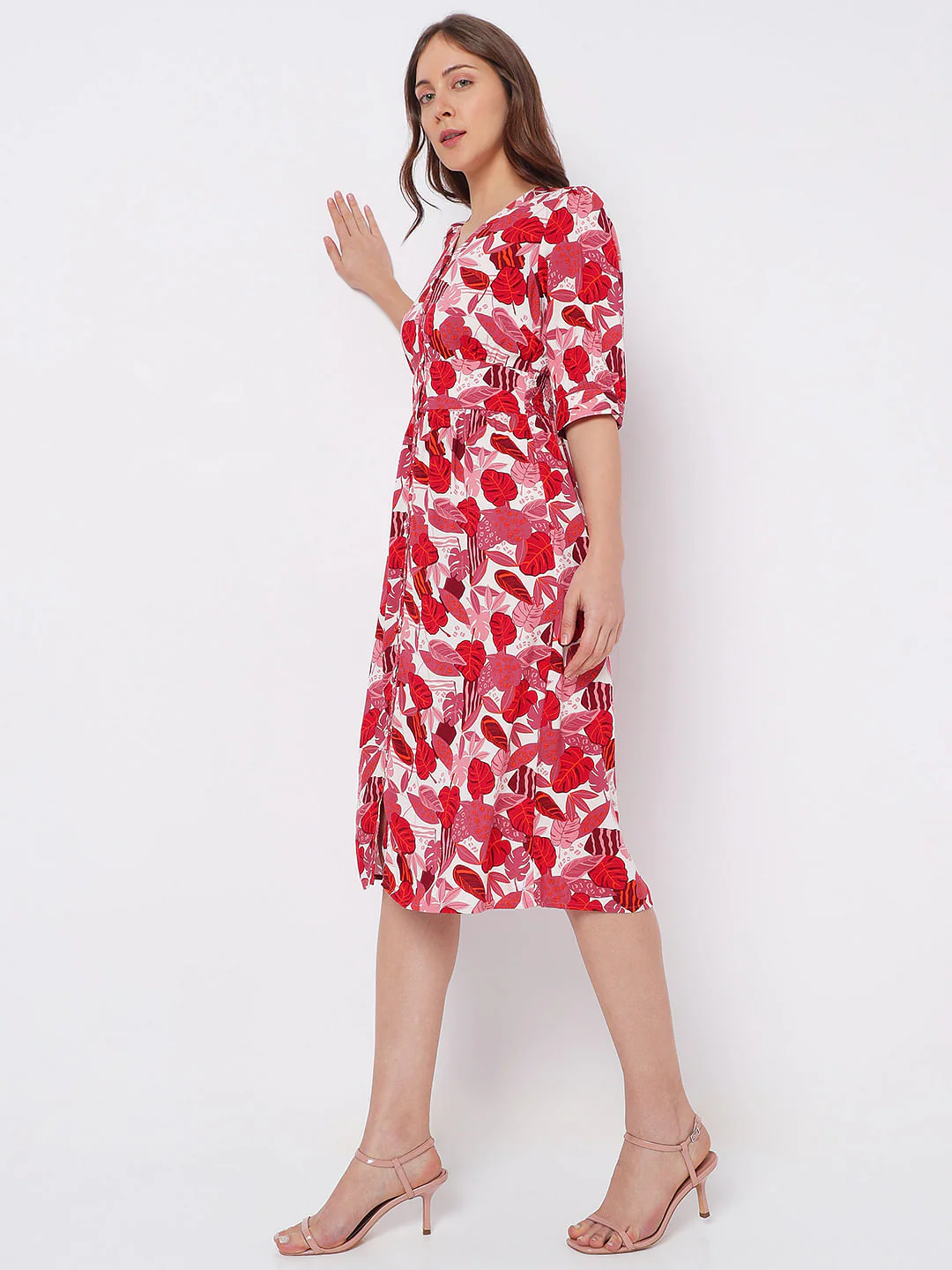 Pink Tropical Print Midi Dress - Image 3