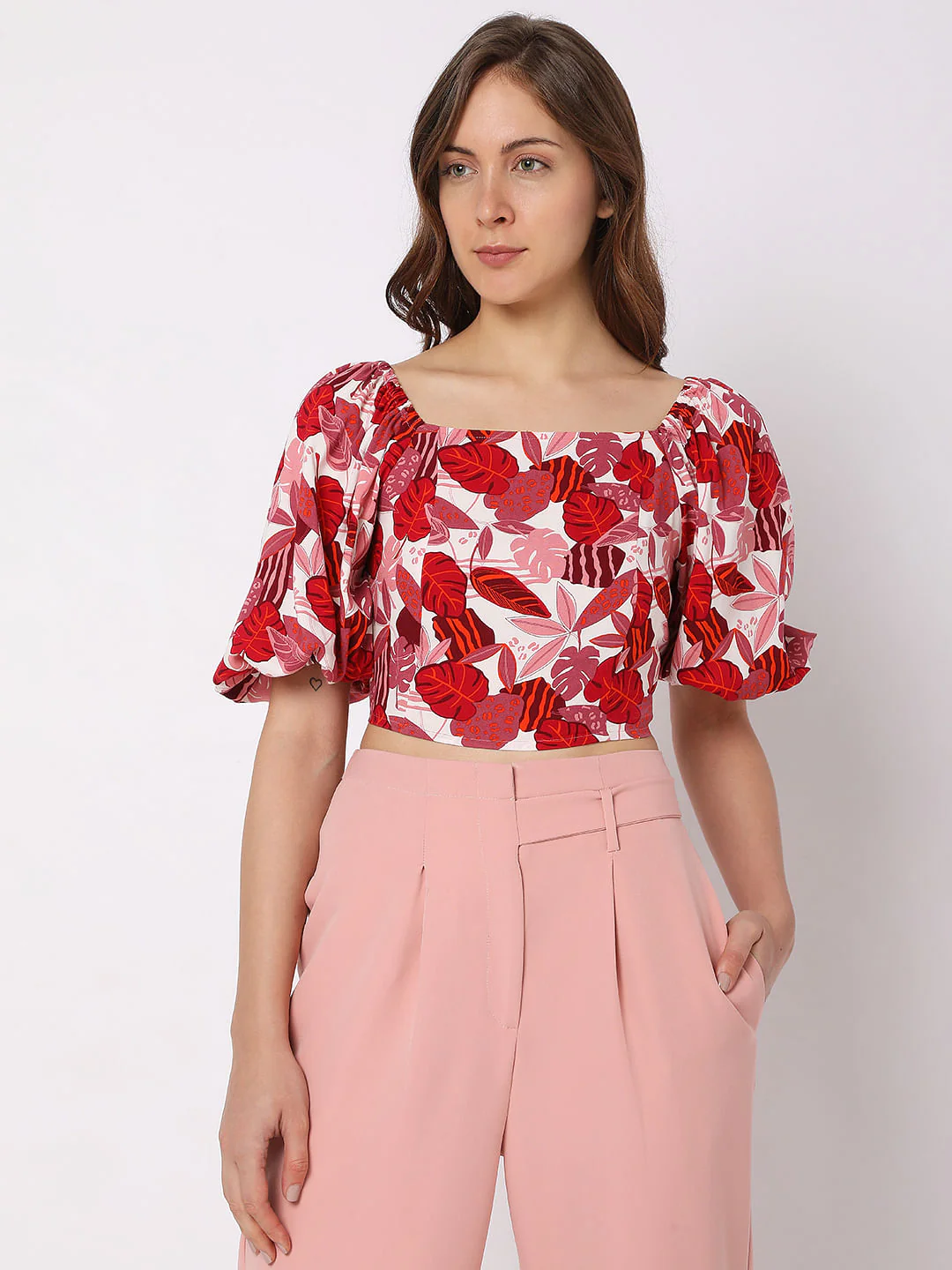 Pink Tropical Print Co-Ord Set Crop Top - Image 2