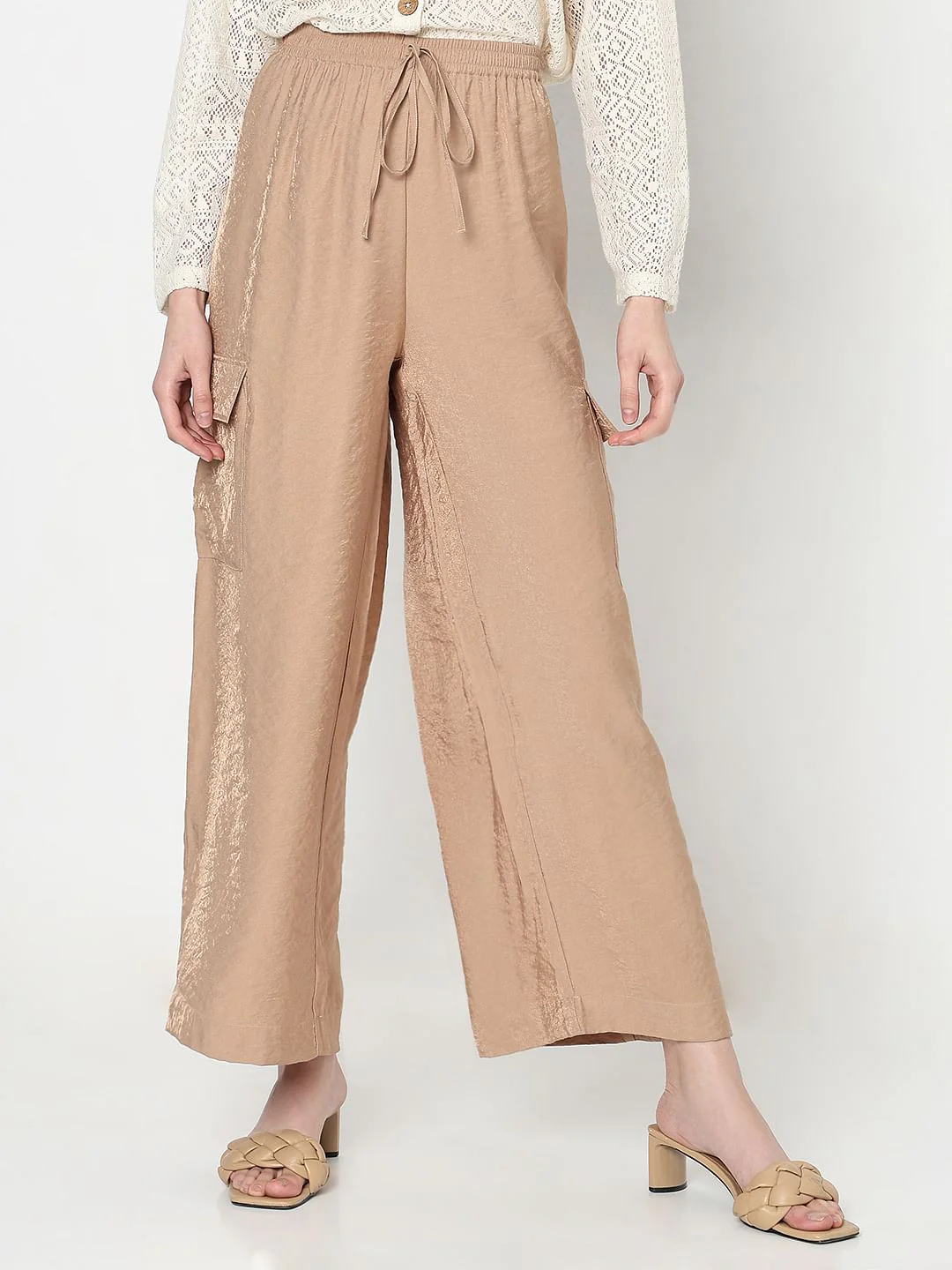 Beige High Rise Loose Fit Pants - Image 2