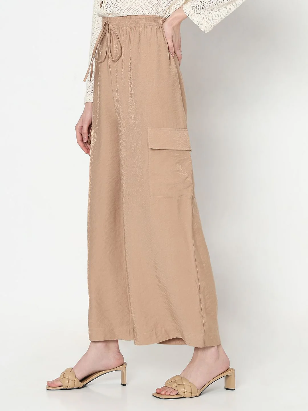 Beige High Rise Loose Fit Pants - Image 3