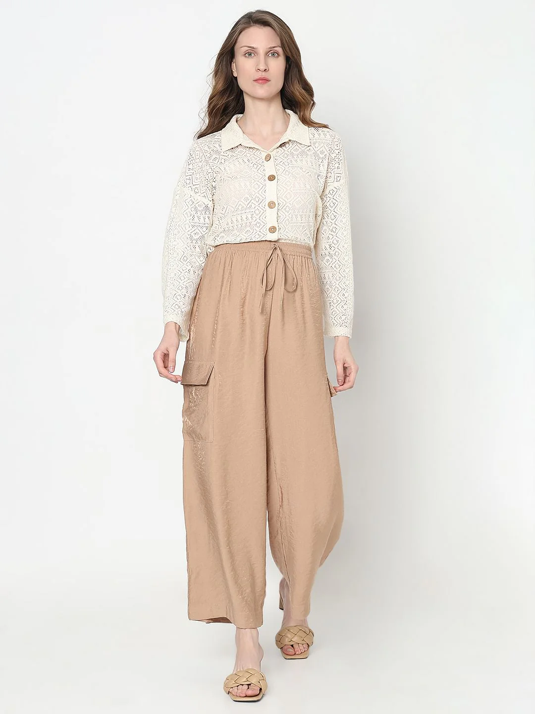 Beige High Rise Loose Fit Pants - Image 5