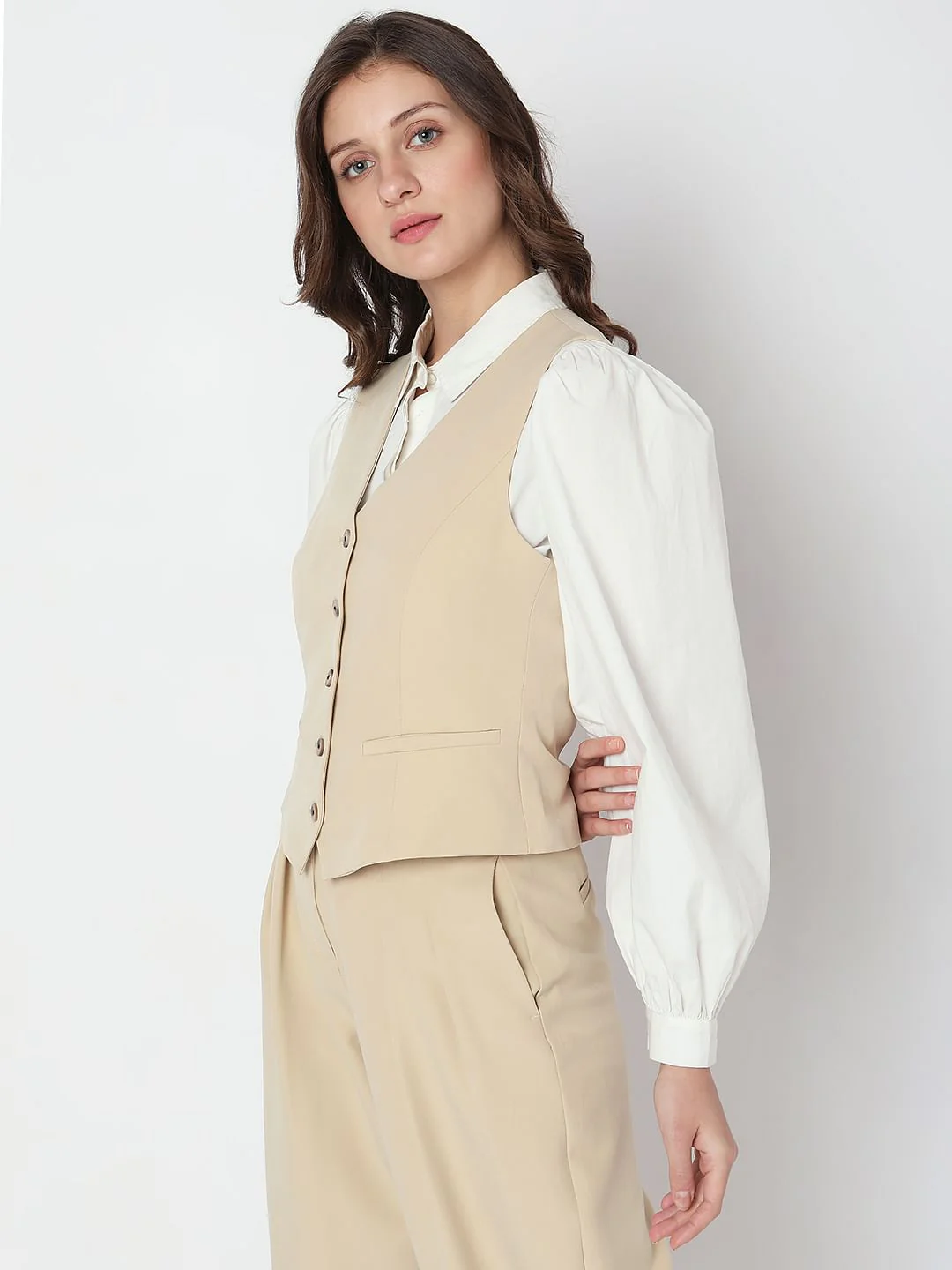 Beige Slim Fit Waistcoat - Image 3