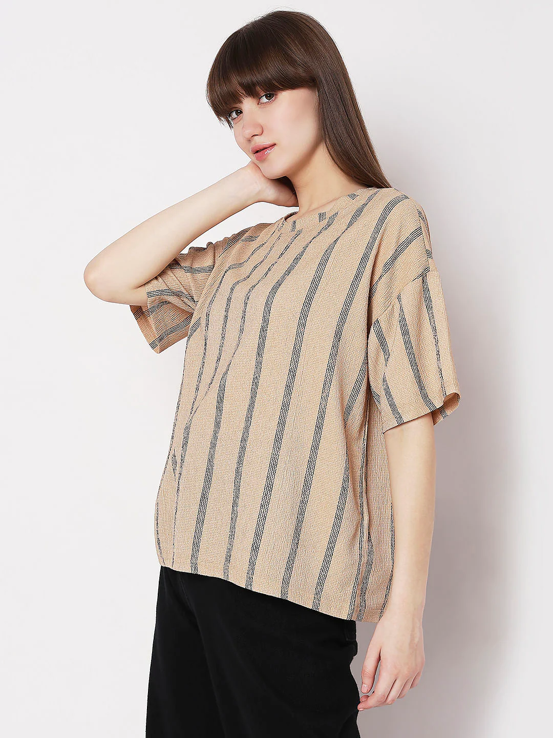 Beige Striped Co-Ord Set T-Shirt - Image 3