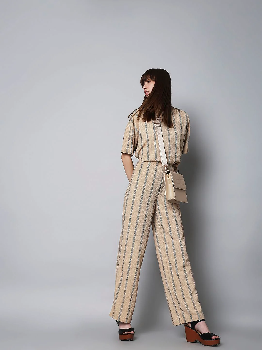 Beige High Rise Striped Co-Ord Set Pants