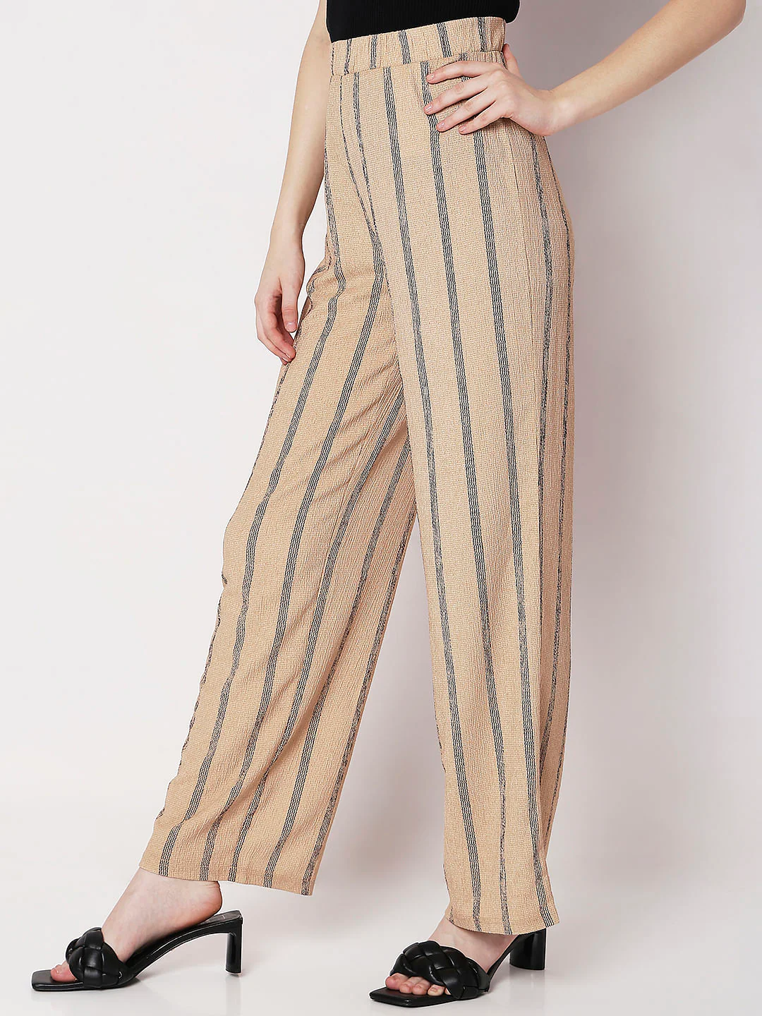 Beige High Rise Striped Co-Ord Set Pants - Image 3