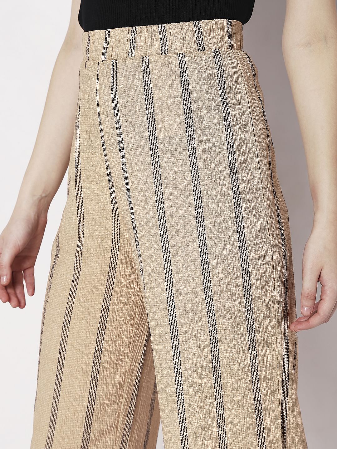 Beige High Rise Striped Co-Ord Set Pants - Image 5