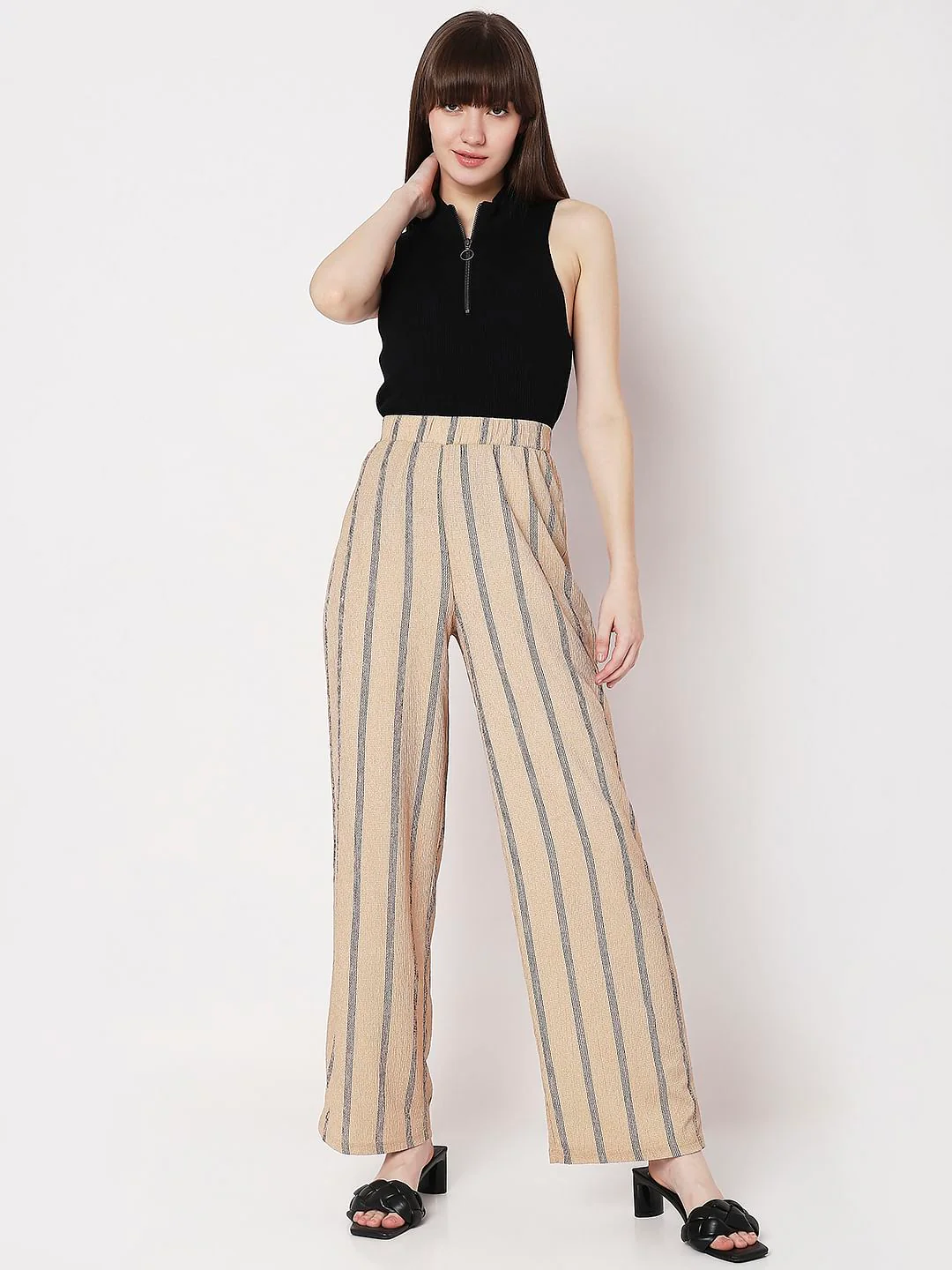 Beige High Rise Striped Co-Ord Set Pants - Image 6
