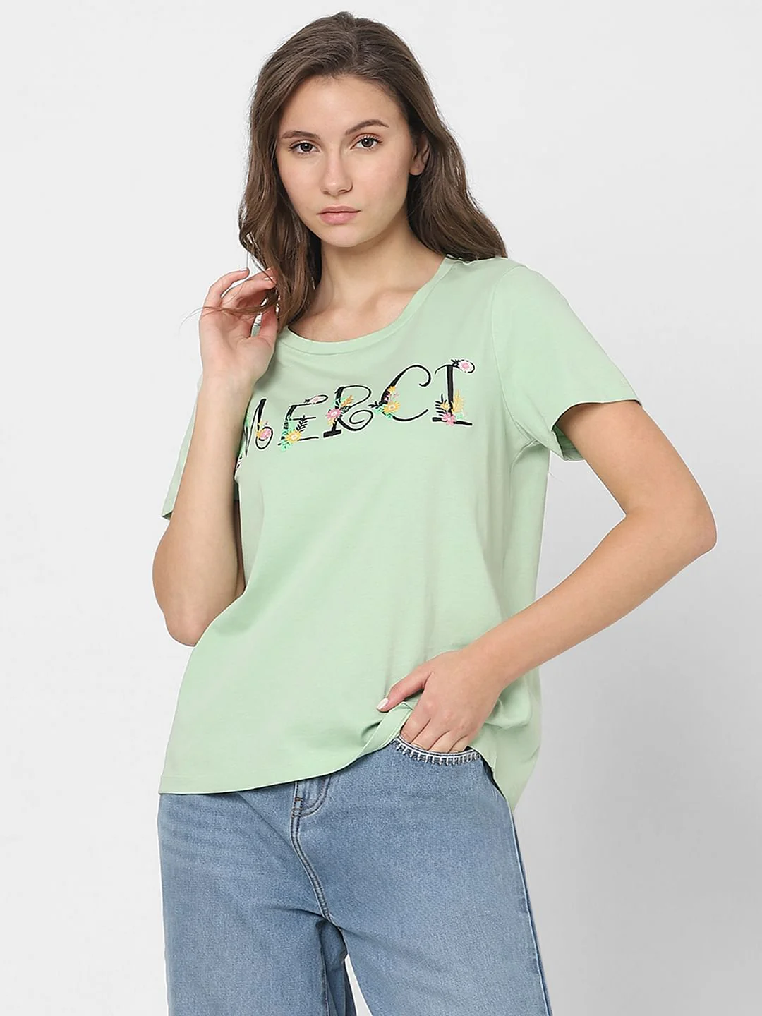 Green Embroidered Text T-Shirt - Image 2