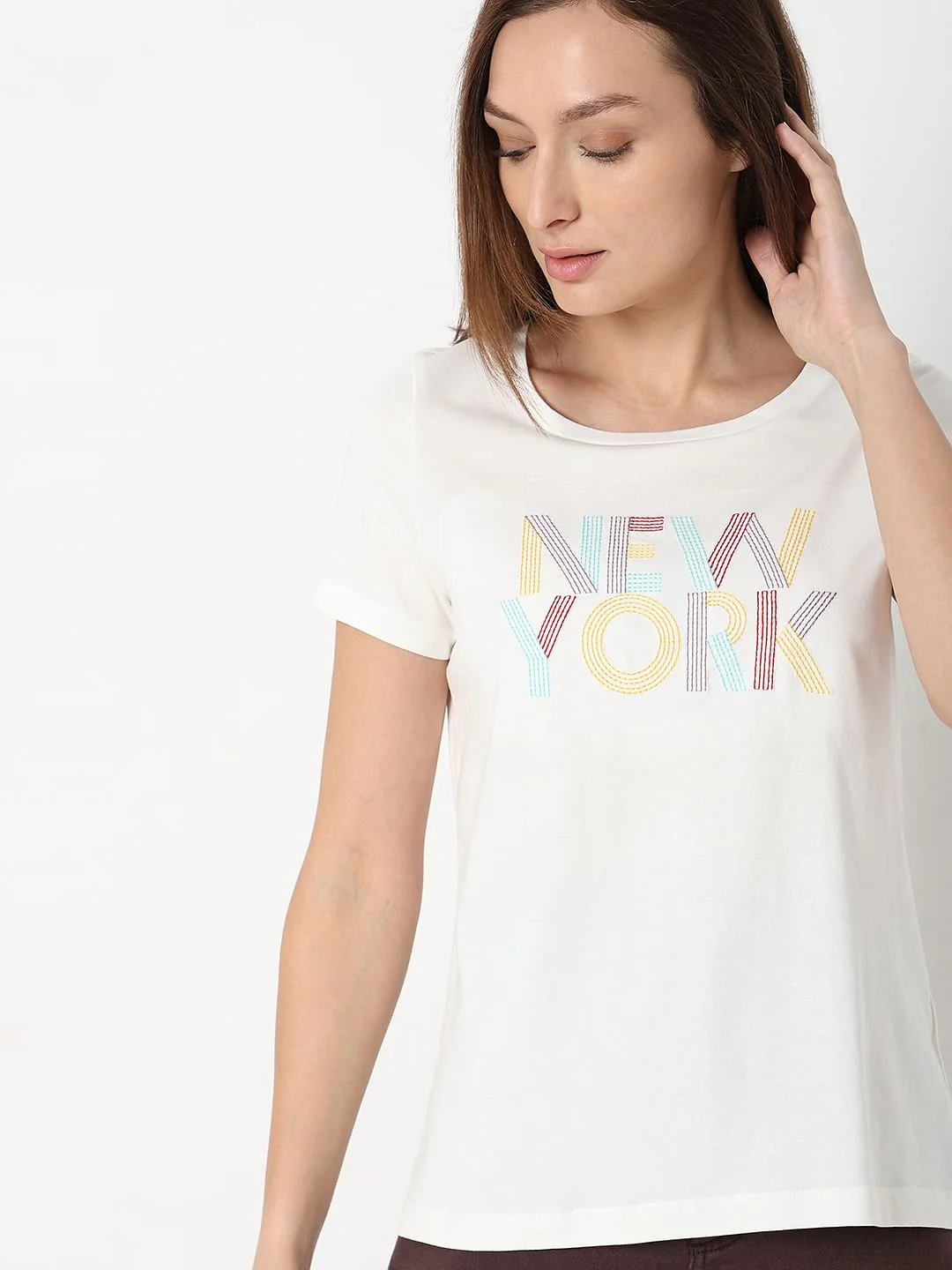 White Embroidered Text T-Shirt - Image 6