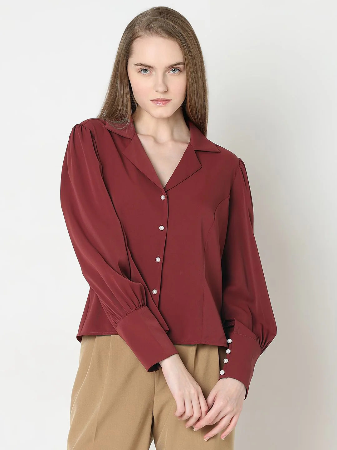Brick Red Cuffed Sleeves Shirt - Image 2