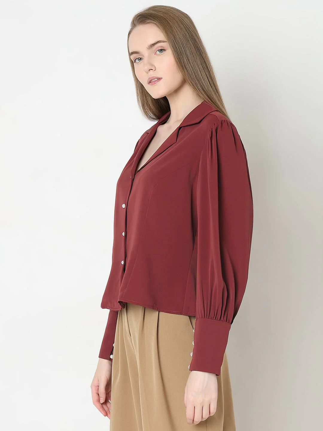 Brick Red Cuffed Sleeves Shirt - Image 3