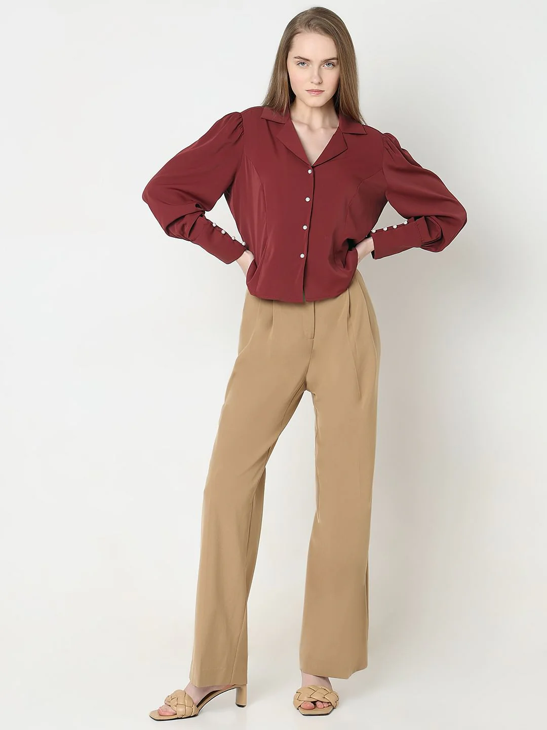Brick Red Cuffed Sleeves Shirt - Image 5