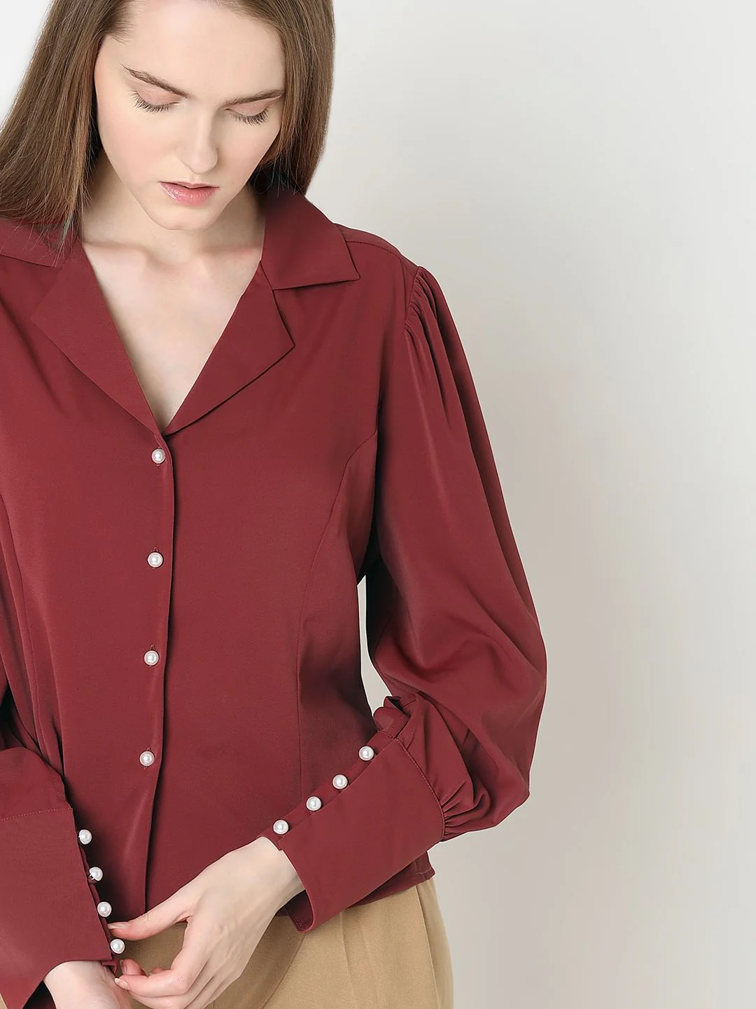 Brick Red Cuffed Sleeves Shirt - Image 6