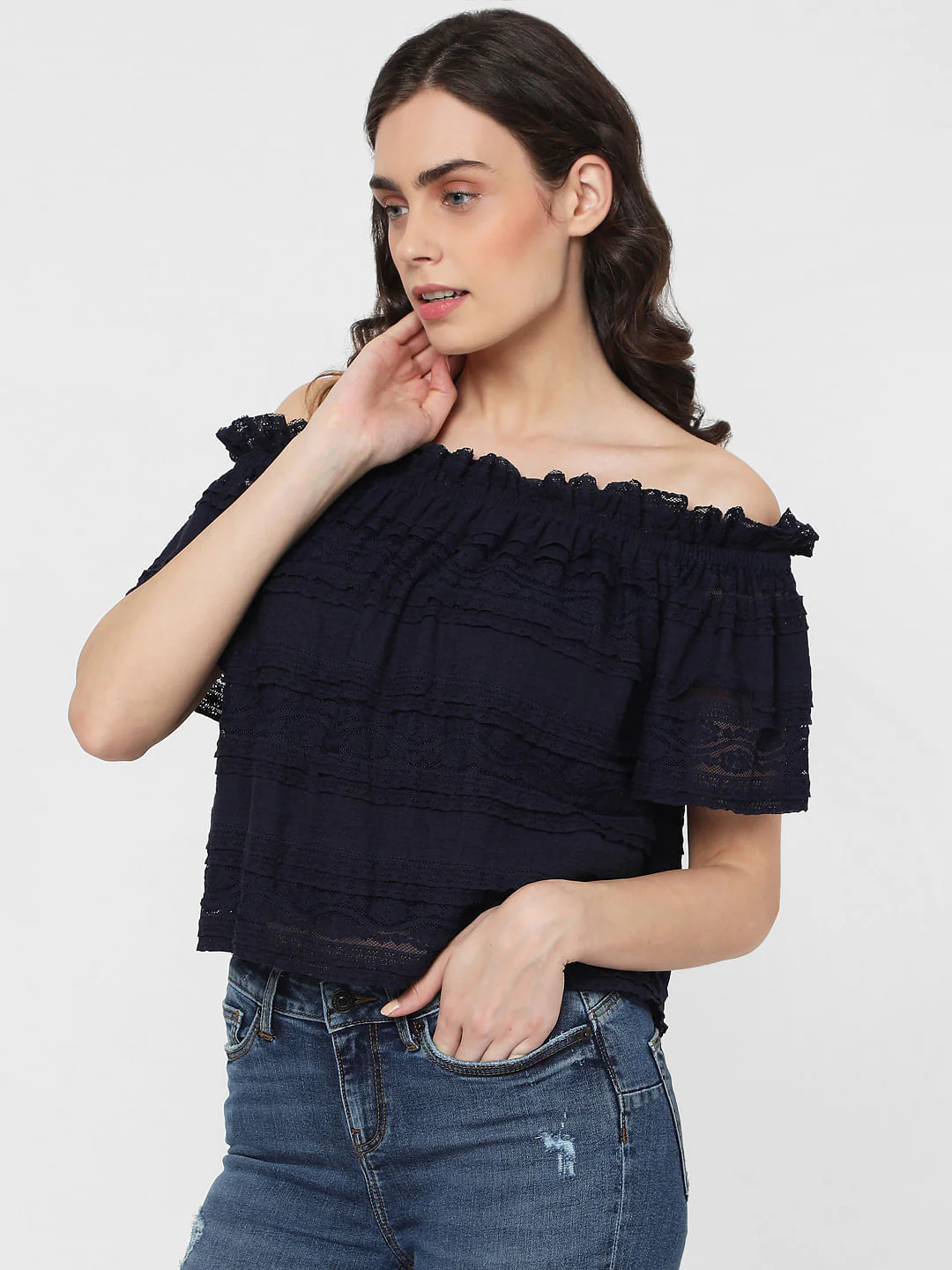 Blue Off Shoulder Lace Top - Image 3