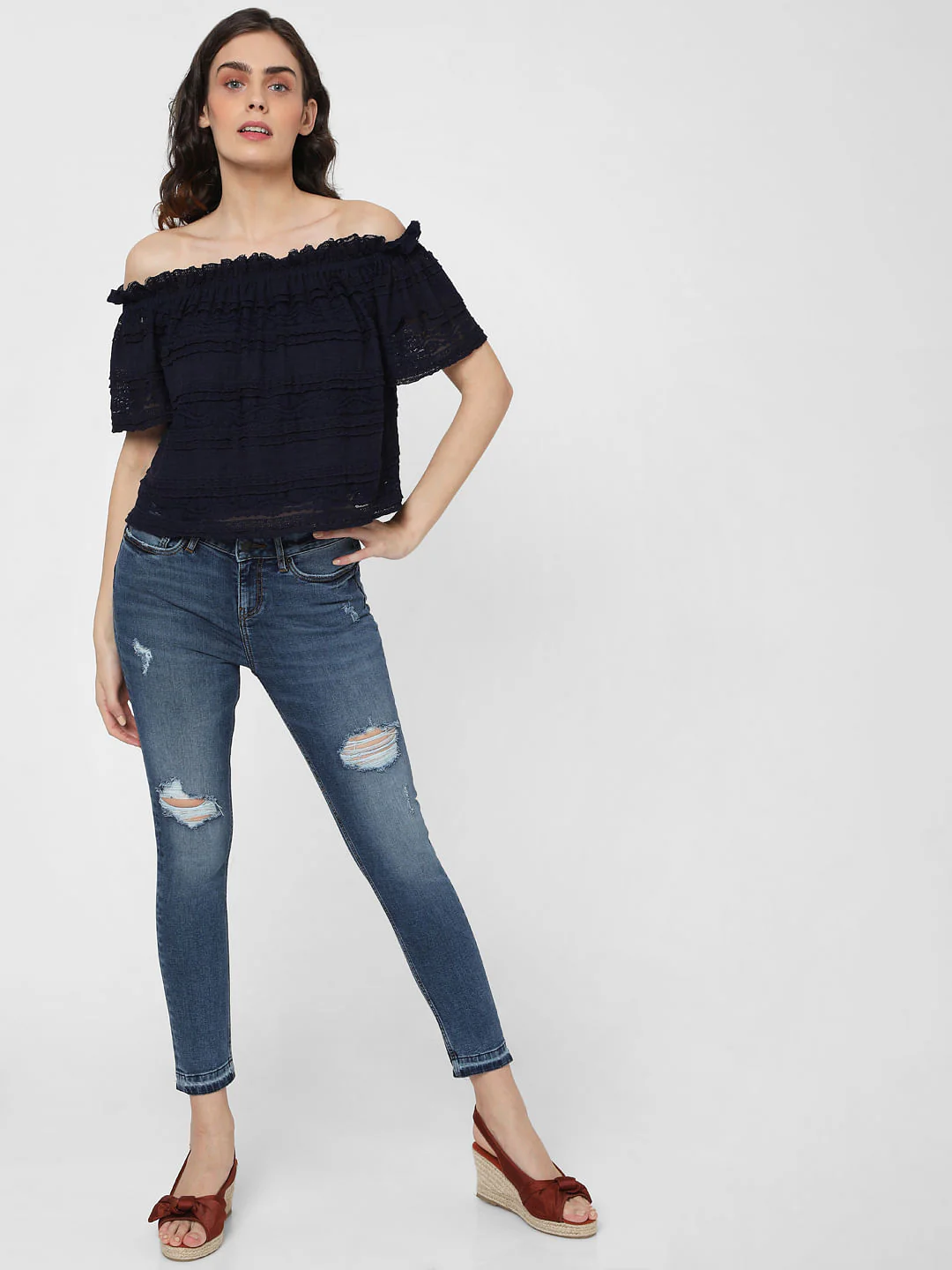 Blue Off Shoulder Lace Top - Image 5