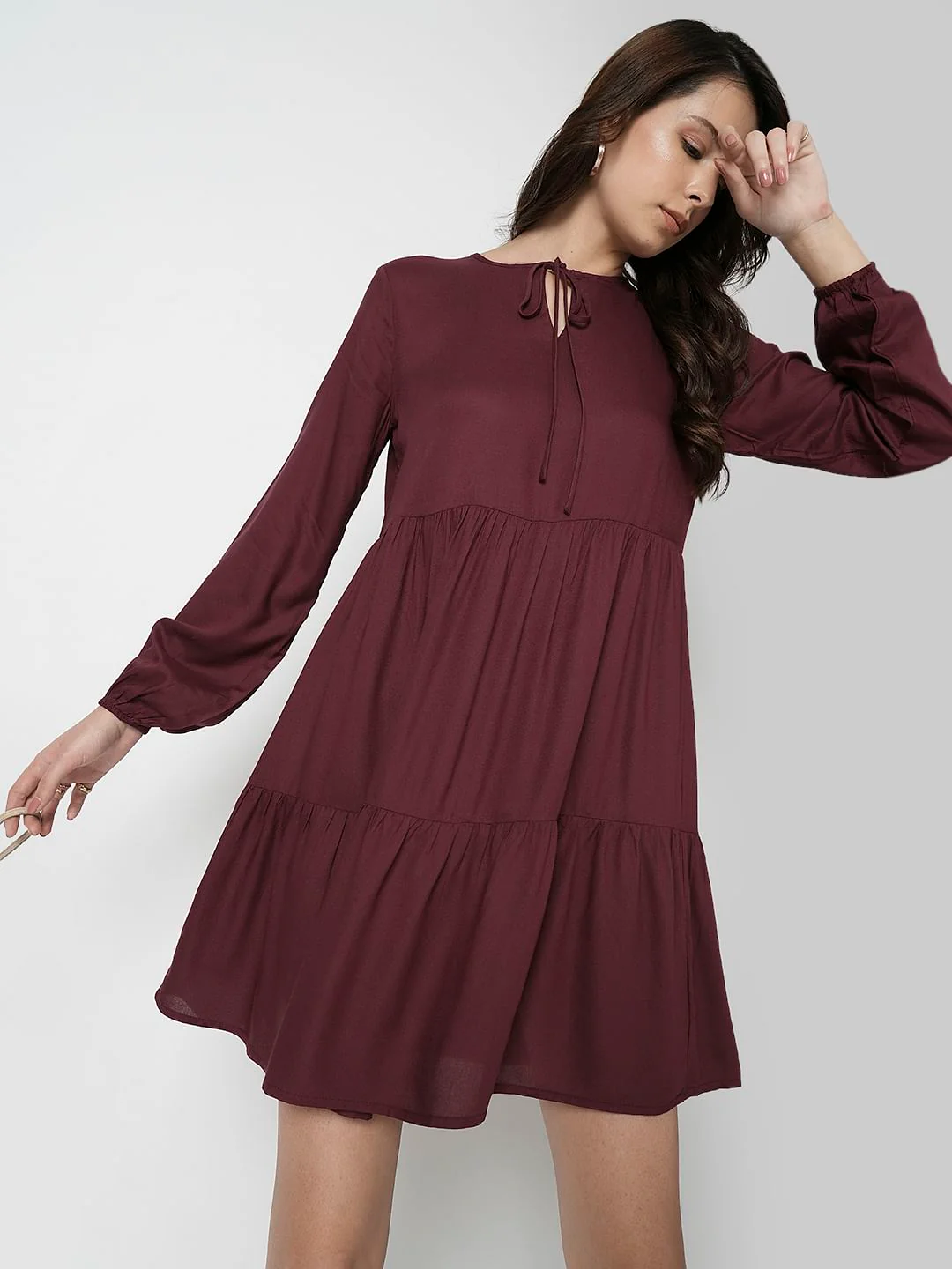 I.Scenery By Vero Moda Maroon Tiered Dress