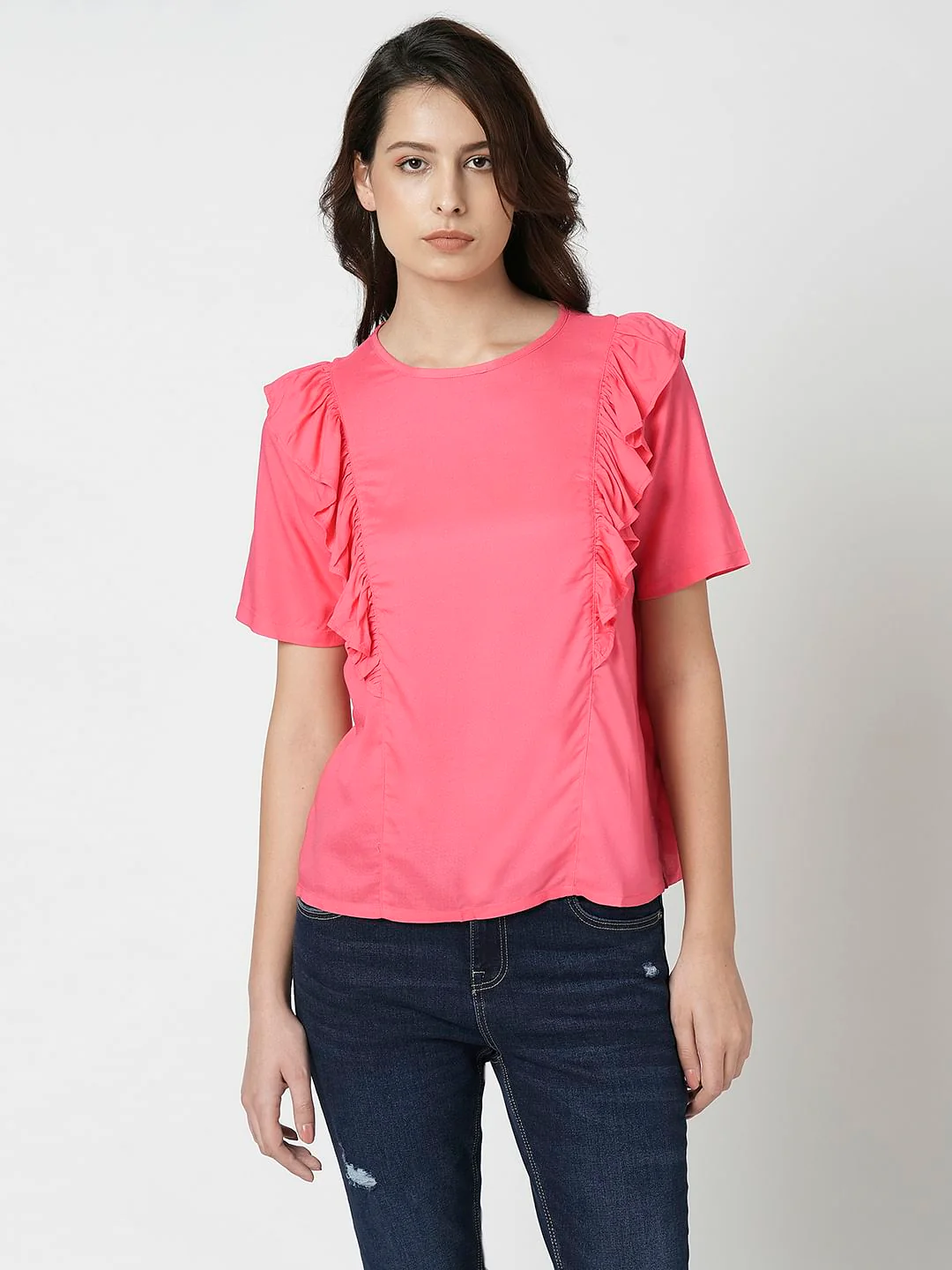 I.Scenery By Vero Moda Pink Frill Detail Top - Image 2