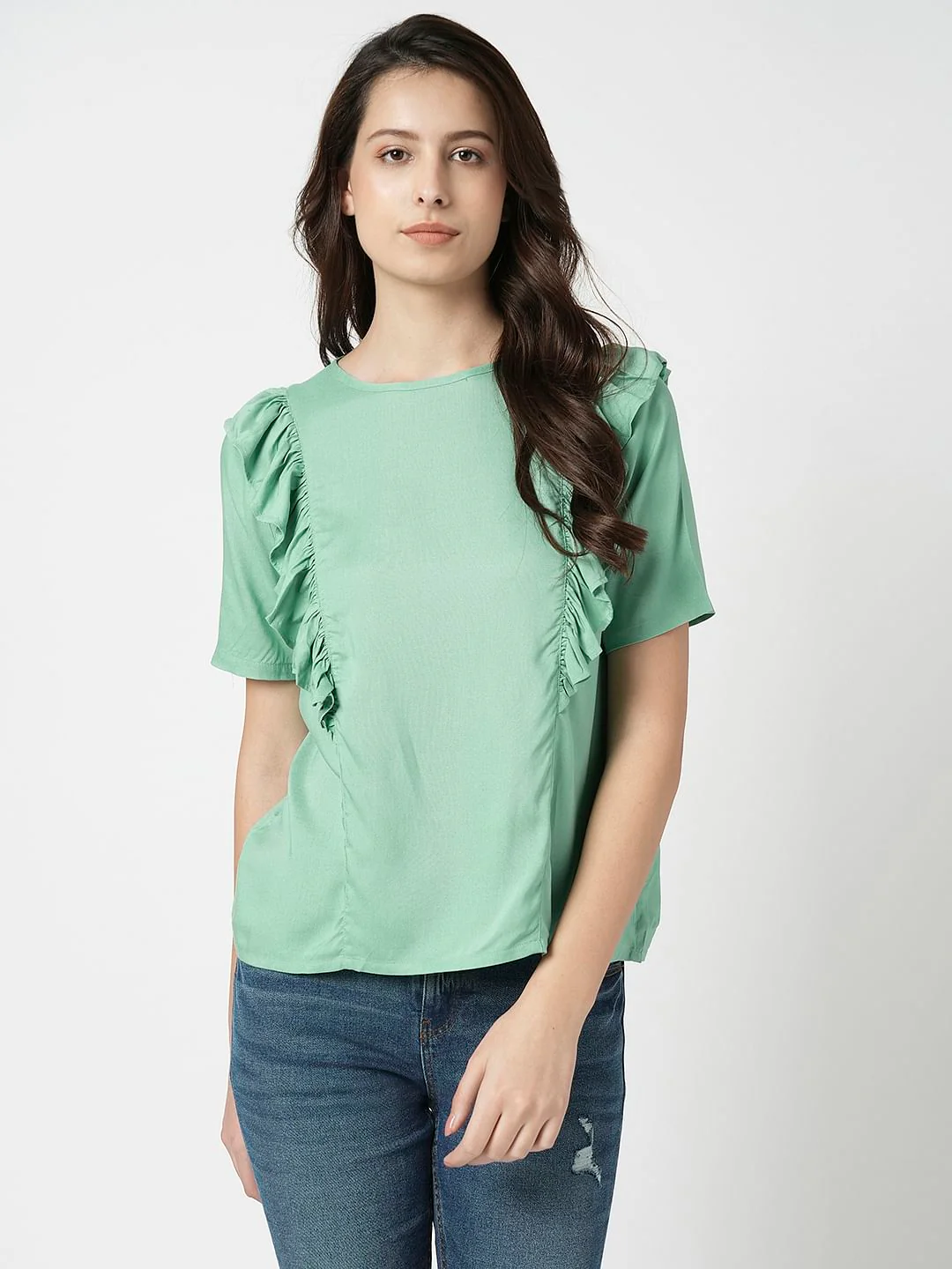 I.Scenery By Vero Moda Green Frill Detail Top - Image 2