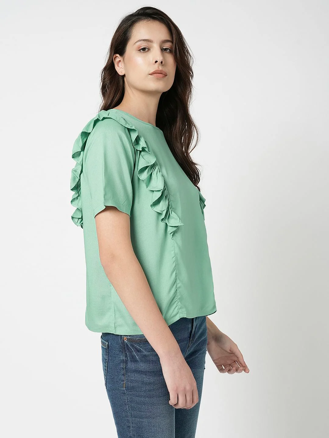 I.Scenery By Vero Moda Green Frill Detail Top - Image 3