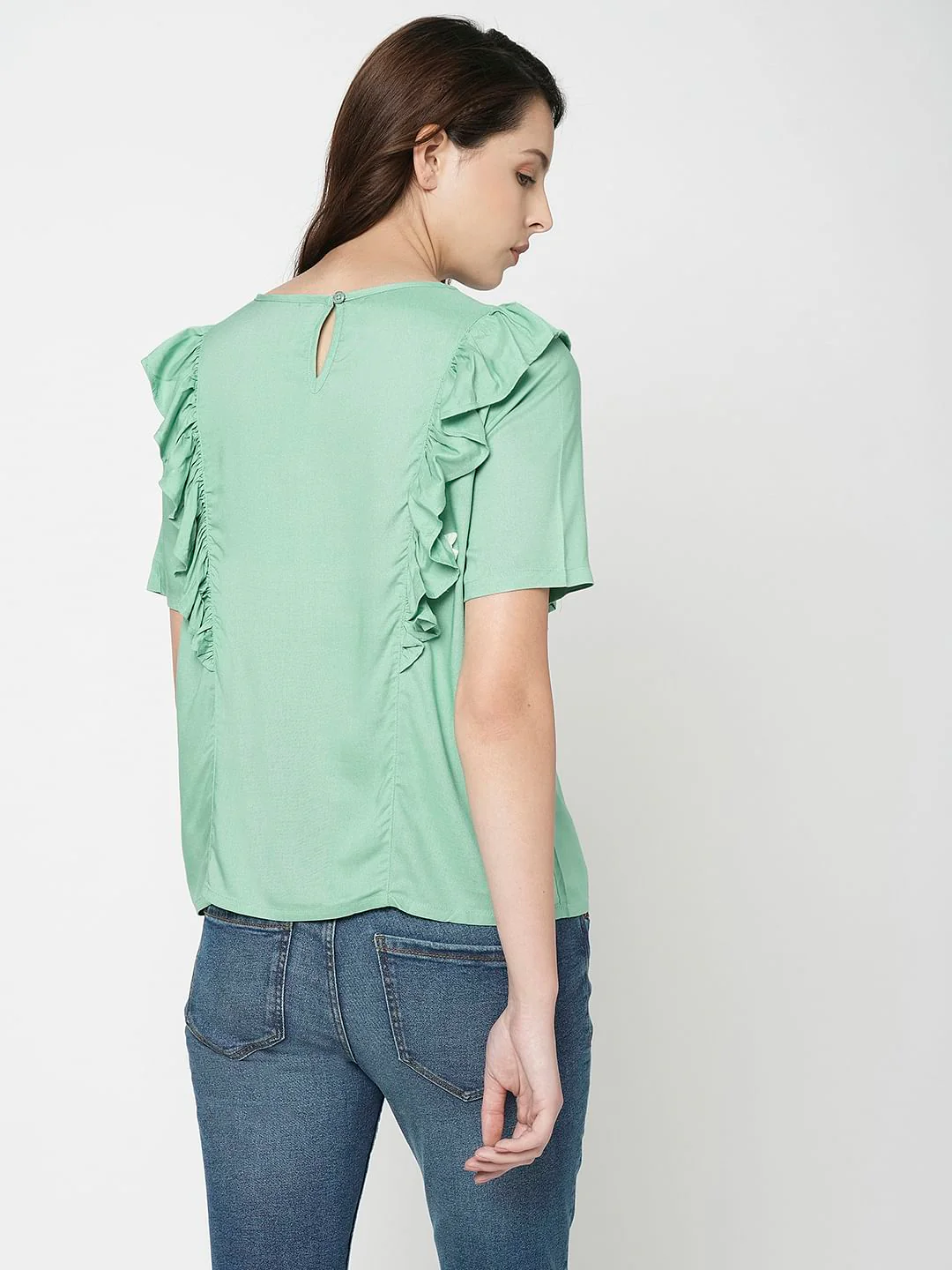 I.Scenery By Vero Moda Green Frill Detail Top - Image 4