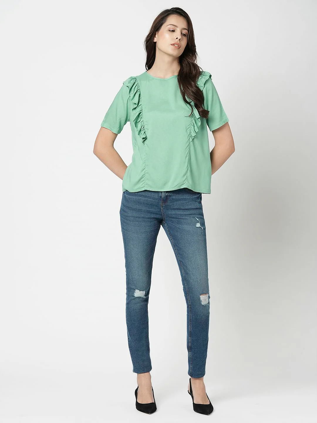 I.Scenery By Vero Moda Green Frill Detail Top - Image 5